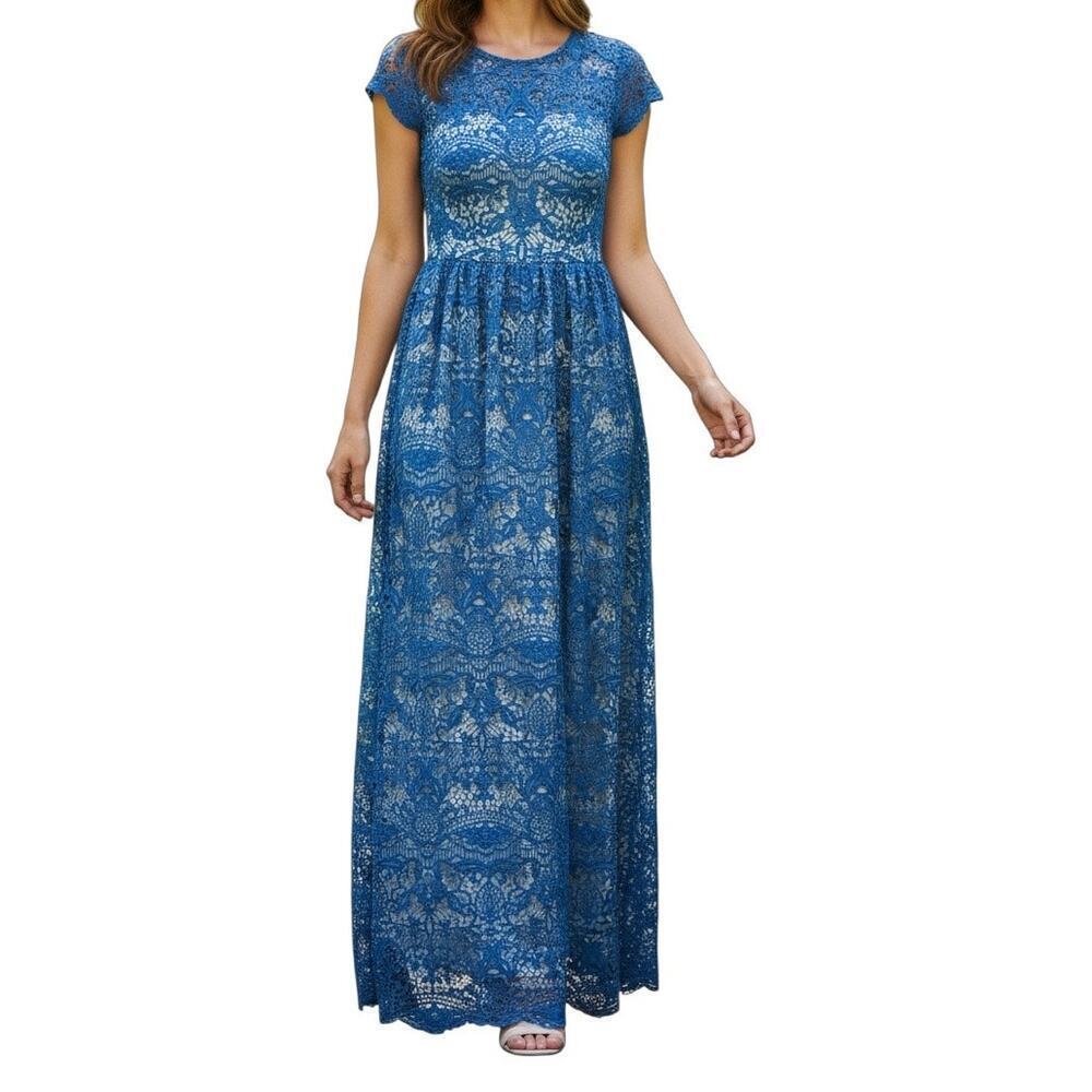 Monique Lhuillier ML teal lace applique floor length gown formal maxi dress  2